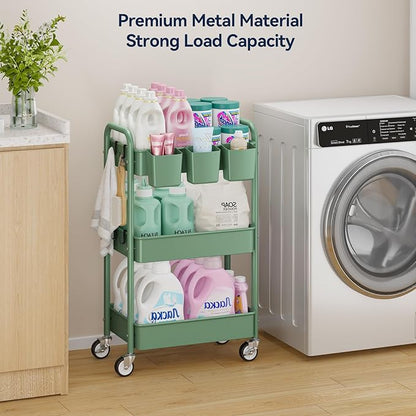 YASONIC 3-Tier Rolling Cart, Green, 66 Pounds Capacity, Mesh Storage Organizer with Lockable Wheels, 3 Hanging Cups, 4 Hooks, Easy Assembly, for Kitchen, Bathroom, Laundry, Grocery