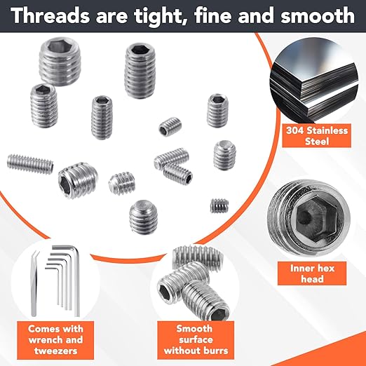 1400 Pcs 26 Size Set Screw Kit Metric&SAE Set Screw Assortment Kit 304 Stainless Steel Head Socket Hex Metric Set Screws Kit Cup-Point Screws (M3-M8, 1/8"-40 to 5/16"-18)