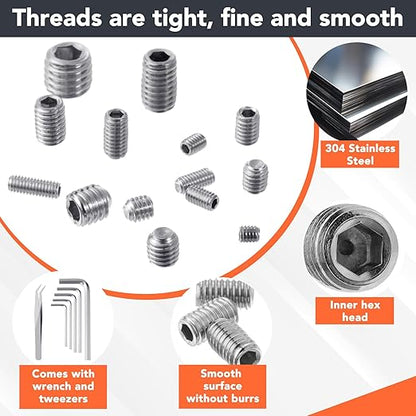 1400 Pcs 26 Size Set Screw Kit Metric&SAE Set Screw Assortment Kit 304 Stainless Steel Head Socket Hex Metric Set Screws Kit Cup-Point Screws (M3-M8, 1/8"-40 to 5/16"-18)