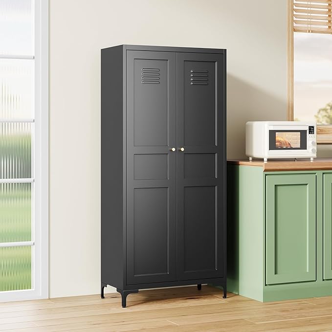 MIIIKO Storage Cabinet with Doors, Metal Pantry Cabinet, Tall Kitchen Storage Cupboard with 4 Shelves, Freestanding Cabinet for Laundry Room, Garage and Bathroom
