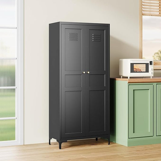 MIIIKO Storage Cabinet with Doors, Metal Pantry Cabinet, Tall Kitchen Storage Cupboard with 4 Shelves, Freestanding Cabinet for Laundry Room, Garage and Bathroom