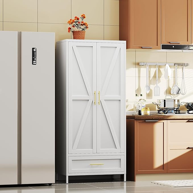 Aobabo Metal Wardrobe Cabinet with 1 Drawer, 71" H Metal Armoire Wardrobe Closet with 1 Adjustable Shelf and Hanging Rod for Home, Laundry Room, Office, Installation Required, White