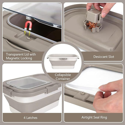 Dog Food Storage Container 10-13lb, Collapsible Pet Food Container with Airtight Lid, Plastic Cat Food Containers Dry Food with Dog Food Scoop and Measuring Cup (Khaki)