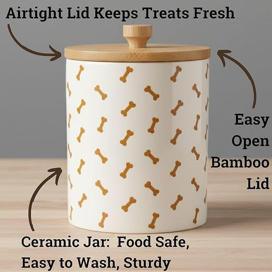 Dog Treat Container Airtight - 5 Inch Wide x 6.4 Inch Tall Ceramic Dog Treat Jar for Kitchen Counter with Airtight Bamboo Lid - 4 Cup Capacity Pet Treats Container - Doggie Cookie Jar Treats Canister