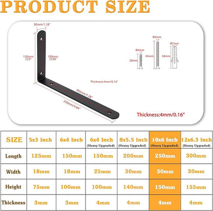 Alise Floating Shelf Brackets,Black Bracket for Shelves Heavy Duty L Wall Bracket Corner Brace,Stainless Steel Joint Angle Brackets for Wooden Board Hanging Support,10x6x1.2 Inch Upgraded(Pack of 4)