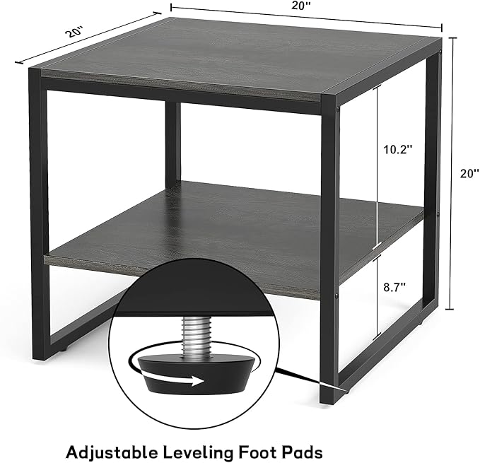 Homieasy End Table, 20 Inch Square End Table, Mini Fridge Stand with 2-Tier Storage Shelves, Industrial Wood Side Table Small Table Stand for Living Room, Bedroom, Office, Black Oak