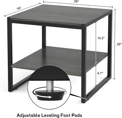 Homieasy End Table, 20 Inch Square End Table, Mini Fridge Stand with 2-Tier Storage Shelves, Industrial Wood Side Table Small Table Stand for Living Room, Bedroom, Office, Black Oak