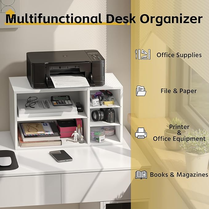MARTY Printer Stand with Storage for Desk Large Desktop Printer Stand Desk Organizer with Paper Storage Holder File Organizer Wooden Printer Shelf Riser for Home/Office, White
