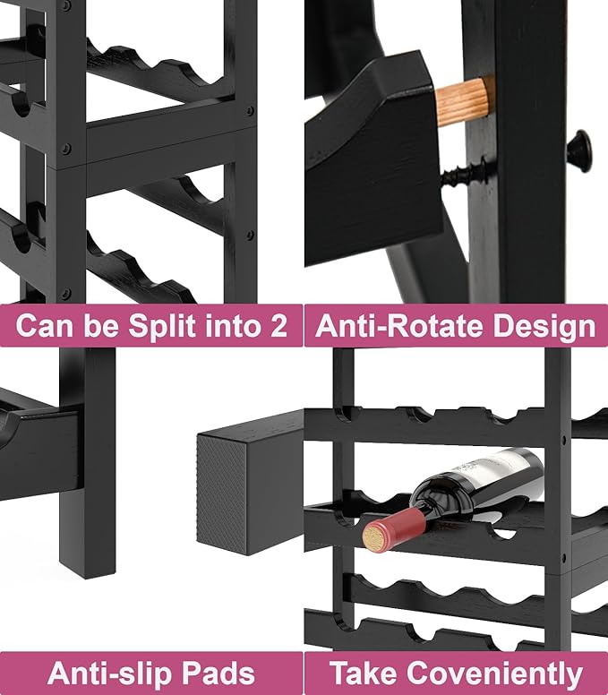 6 Tier Bamboo Wine Rack Freestanding Floor, 24 Bottles Wine Storage Shelves with Table Top, Stackable Wine Display Rack for Kitchen, Bar, Dining Room, Ivory White and Black