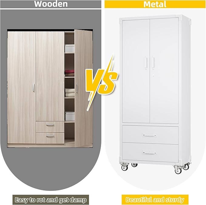 Garage Storage Cabinet with 2 Drawers and Pegboard, Metal Storage Cabinet with 2 Lockable Doors for Garage Home Warehouse,Required Assembly,White,71.2" H*15.2" D*30" W