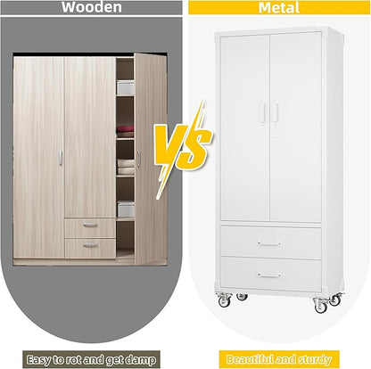 Garage Storage Cabinet with 2 Drawers and Pegboard, Metal Storage Cabinet with 2 Lockable Doors for Garage Home Warehouse,Required Assembly,White,71.2" H*15.2" D*30" W