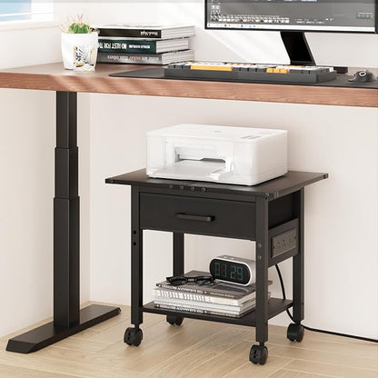 Lerliuo Under Desk Rolling Printer Stand with Charging Station and USB Ports, 2-Tier Printer Table Desk with Fabric Drawer, Printer Cart Holder with Lockable Wheels for Home, Office (Black)