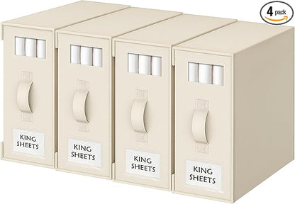 Criusia Bed Sheet Organizers and Storage, 4 Pack Foldable Linen Closet Organizers – Bedding Holder for Sheet Set (King/Queen Sizes), Duvet Covers, Blankets (Beige)