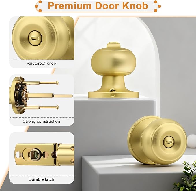 Probrico Brushed Brass Door Knob, Gold Bedroom Bathroom Door Knobs Inteior, Privacy Door Knobs, 1 Pack