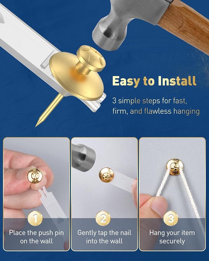 Uniclife 60 Pcs Double Headed Picture Hanging Nails, Picture Hangers, Push Pins for Wall, Double Headed Thumb Tacks, Metal Thumbtacks, Wall Hooks for Art, Photo Frame, Tapestry & Decor, Gold