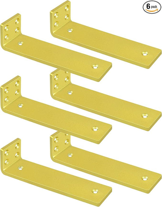 Gold Floating Shelf Brackets 6 inch, Heavy Duty Wall Shelf Bracket 6 Pack for Shelves Support, Hidden Metal L Brackets with Mounting Hardware (1/5'' Thick)
