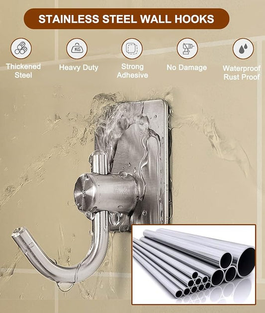 Self Adhesive Towel Hooks, Waterproof Rustproof Stainless Steel Sticky Wall Hooks, No Damage for Bathroom Kitchen Shower Robe Coat Hanging, Silver