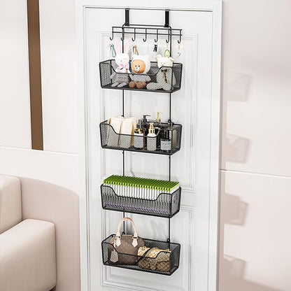 HapiRm Over The Door Organizer - Hanging Door Organizer with 4 Metal Large Capacity Baskets and Adjustable Coat Hook for Bathroom Bedroom Kitchen Pantry Closet Cabinet
