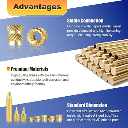 300 Pcs M2 M2.5 Threaded Inserts for Plastic with Heat Set Tips,M2 & M2.5 Heat Set Inserts Kit,Brass Inserts for 3D Pringting