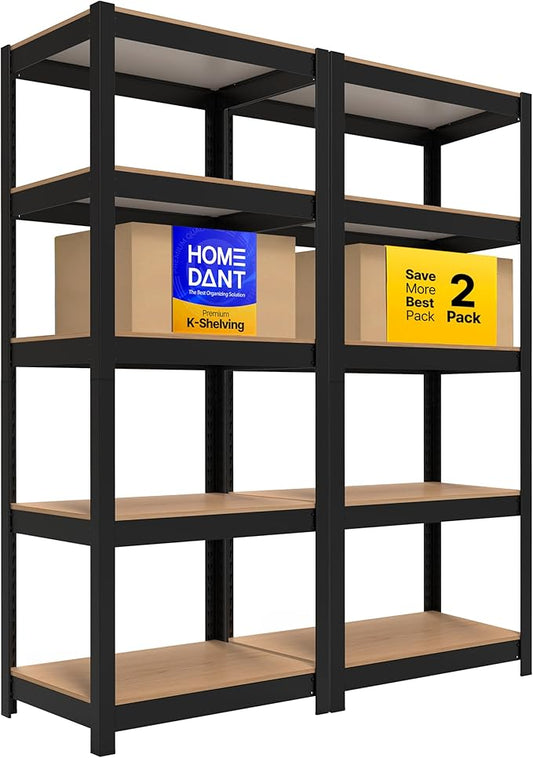HOMEDANT House 5 Tier Heavy Duty Garage Shelving Adjustable Metal Rack Storage Shelves Standing Shelf Unit Organizers Pantry Closet Office (2, Black, 24.4" W x 16.2" D)
