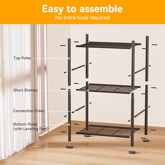 3 Tier Shelf Organizer Rack, Metal Shelving Unit with Adjustable Leveling Feet, Space-Saving Storage Shelves for Closet Laundry Bathroom Kitchen Pantry, 18.11" Wx12.6 Dx29.53 H, Black