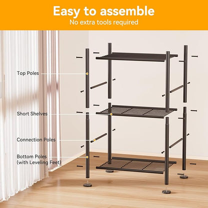 3 Tier Shelf Organizer Rack, Metal Shelving Unit with Adjustable Leveling Feet, Space-Saving Storage Shelves for Closet Laundry Bathroom Kitchen Pantry, 18.11" Wx12.6 Dx29.53 H, Black