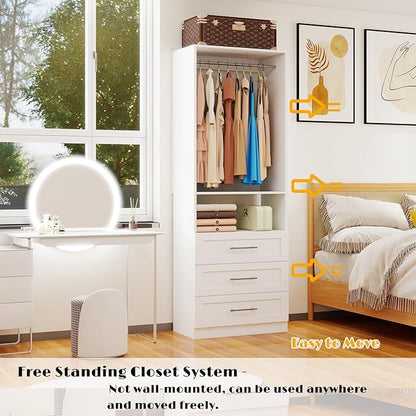 Closet System with Drawers, 4FT Closet Organizer System Wood Walk-in Closet Shelf Corner Small Closets Storage System with Hanging Rods Modular White (4FT)