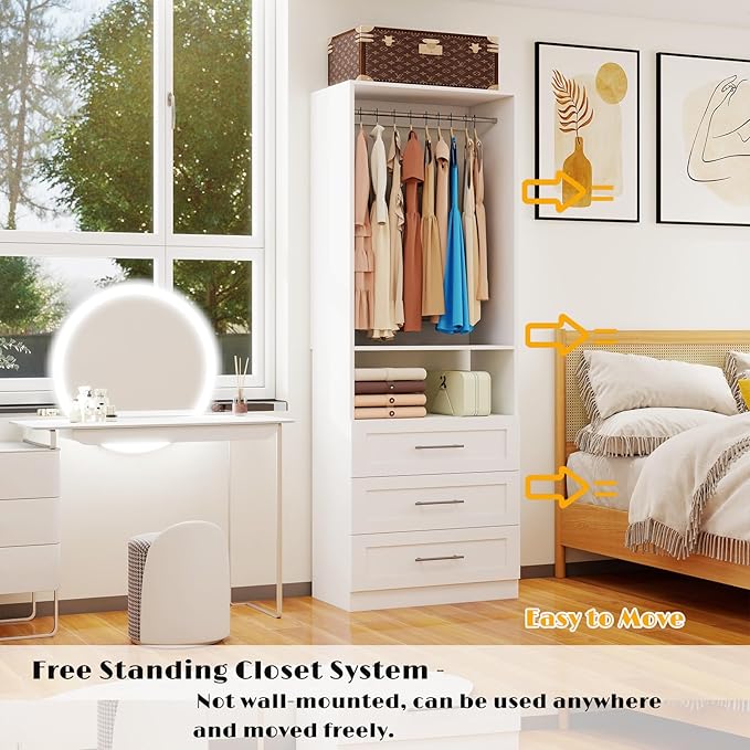 Closet System with Drawers, 8FT Closet Organizer System Wood Walk-in Closet Shelf Corner Small Closets Storage System with Hanging Rods Modular White (8FT)