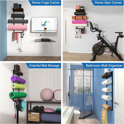 Yoga Mat Holder Wall Mount - Tool-free Adjustable Yoga Mat Rack Shelf, All-in-one Foam Roller Holder for Resistance Bands & Blocks, Space-saving Home Gym Organizer for Small Space Training Storage