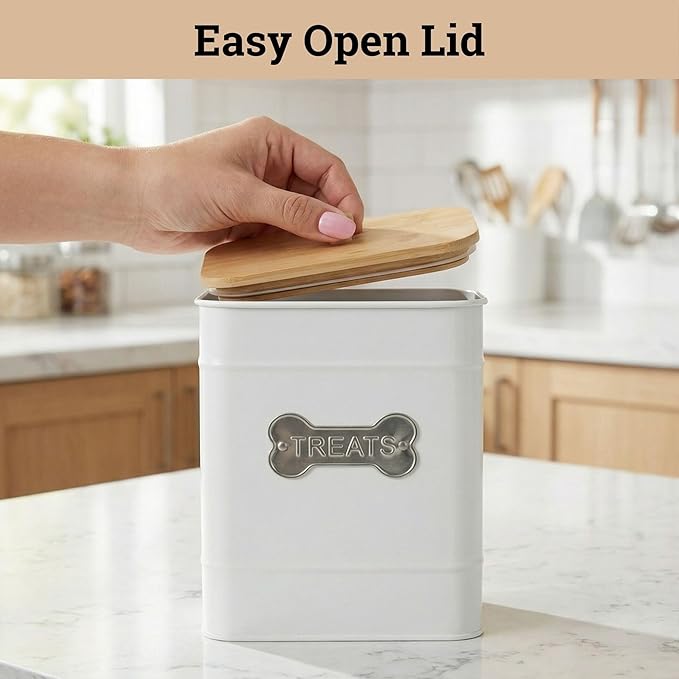 Dog Treat Container Airtight - 6 Inch Wide x 8 Inch Tall Iron Dog Treat Jar for Kitchen Counter with Airtight Bamboo Lid - 12 Cup Capacity Pet Treat Container - Doggie Cookie Jar - Big Treats Canister