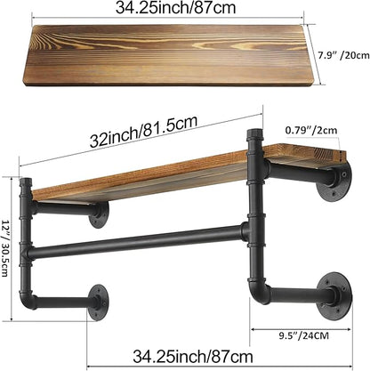 WEBI Wall Mounted Clothes Rack with Shelf,32" Industrial Pipe Clothing Rack with Shelves,Heavy Duty Iron Garment Rack Bar,Retail Display Clothes Rod for Clothes,Laundry Room,Black