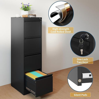 4 Drawer File Cabinet with Lock, Vertical Filing Cabinets for Home Office, Metal Storage Cabinets, Heavy Duty File Cabinet for Letter/Legal/A4/F4 Size Amsseble Required, Black