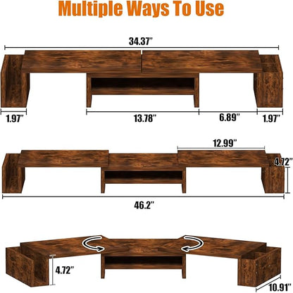 Wood Dual Monitor Stand Riser, Desk Organizers and Accessories with Storage Pen Holders, Adjustable Length and Angle 3 Shelf Extra Long 46" Desktop Organizer for 2 Monitors, Computer, Laptop, TV,Rustic Brown (Triple)