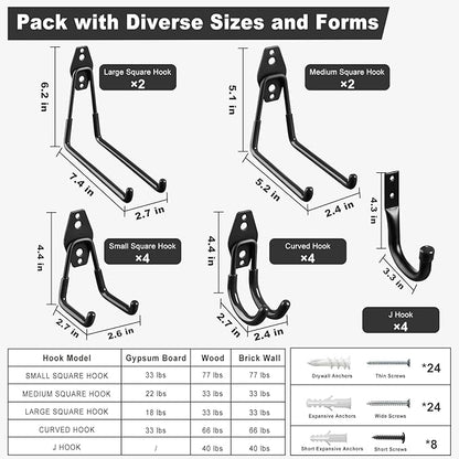 LANDNEOO Garage Hooks, 20-Pack Steel Garage Accessories for Organization and Storage, Heavy Wall Mount Duty Hooks with Anti-Slip Coating for Hanging Ladder, Bike, Power Tools and More Tools, Black