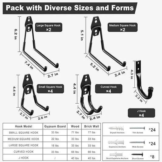LANDNEOO Garage Hooks, 20-Pack Steel Garage Accessories for Organization and Storage, Heavy Wall Mount Duty Hooks with Anti-Slip Coating for Hanging Ladder, Bike, Power Tools and More Tools, Black