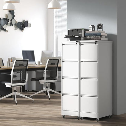 4 Drawer Mobile File Cabinet with Lock,White Metal Filing Cabinets with Wheels,Vertical File Cabinet for Home Office,Heavy Duty Rolling Storage Cabinet for A4/Letter/Legal Size,Assembly Required