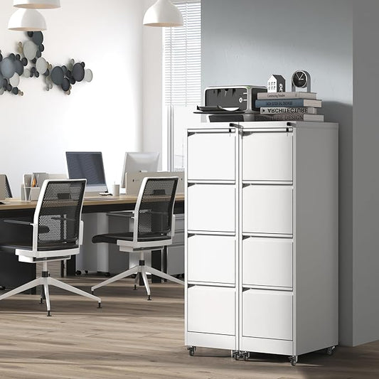 4 Drawer Mobile File Cabinet with Lock,White Metal Filing Cabinets with Wheels,Vertical File Cabinet for Home Office,Heavy Duty Rolling Storage Cabinet for A4/Letter/Legal Size,Assembly Required
