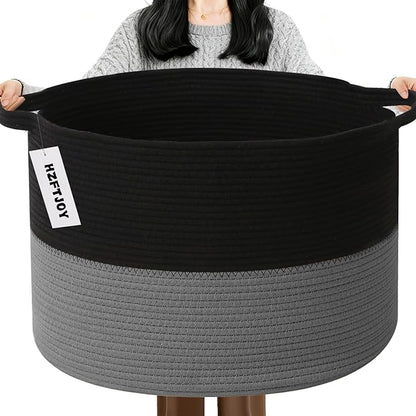 65L Large Blanket Basket,19.7" L x 19.7" W x 13" H Rope Woven Baskets with Handles, Toys Storage Bins,Laundry Basket Perfect for Living Room, Nursery,Bedroom,Home Organization,Black&Dark Grey