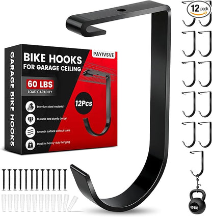 Bike Hooks for Garage Ceiling Mount Rack, Add on Storage Flat Hook Accessory Overhead Garage Hooks for Ceiling Rack and Wall Shelving(12 Pack)