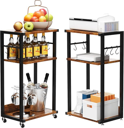 YMYNY Mobile Printer Stand, 3-Tier Printer Cart with Adjustable Storage Shelf and 6 S-Hooks, Tall Printer Table for Home Office, for Computer Tower Stand, Shredder, CPU Stand, Rustic Brown, UHPT002H