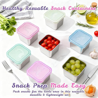 6-Pack Small (6 oz) Stainless Steel Snack Containers for Kids, Easy-Open Toddler Snack Containers with Lids - Cute Dinosaur Small Stackable Metal Snack Box for Daycare, School, Travel