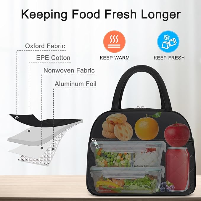 Lunch Bag Lunch Box for Women Adult Men Insulated Quilted Reusable Large Lunch Tote Bag Leakproof Simple Cooler Bag for Work Office Picnic Beach or Travel