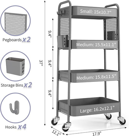 TOOLF 4 Tier Rolling Cart with Pegboard, Metal Storage Organizer Cart with Wheels, Hooks & Bins Esthetician Craft Art Sturdy Storage for Bathroom, Kitchen, Office, Nursery Diaper