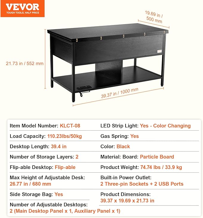 VEVOR 4-in-1 Lift Top Coffee Table, Multi-Function Convertible Coffee Table with Storage and Hidden Compartment, Farmhouse Center Table with Power Outlet & USB & LED Light for Living Room, Home Office