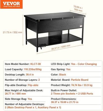 VEVOR 4-in-1 Lift Top Coffee Table, Multi-Function Convertible Coffee Table with Storage and Hidden Compartment, Farmhouse Center Table with Power Outlet & USB & LED Light for Living Room, Home Office