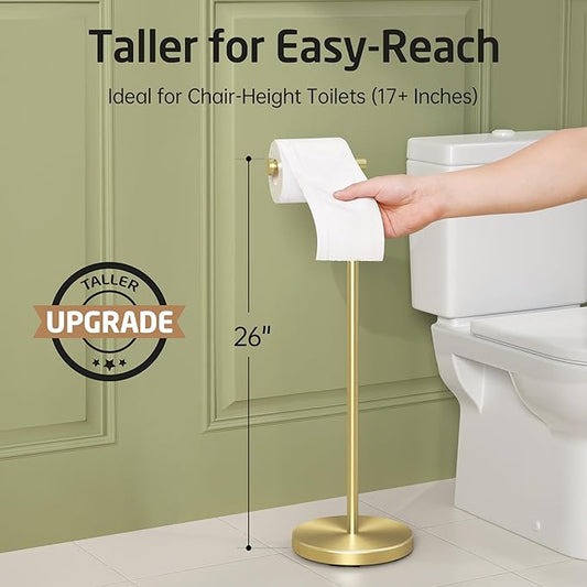 KES Gold Toilet Paper Holder Stand 26" H (Taller Version), Free Standing Toilet Paper Roll Holder with Weighted Base for Bathroom, Rustproof SUS304 Stainless Steel Brushed Gold, BPH283S66-BZ