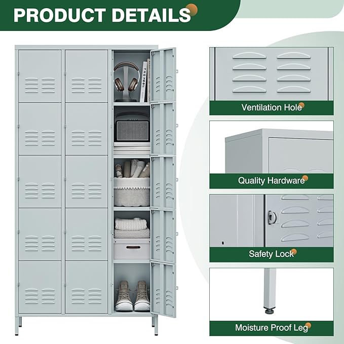Letaya Metal Lockers for Employees-15 Door Storage Locker with Shelves and Lockable Steel Cabinet for School,Gym,Office,Staff(Grey, 15 Door)