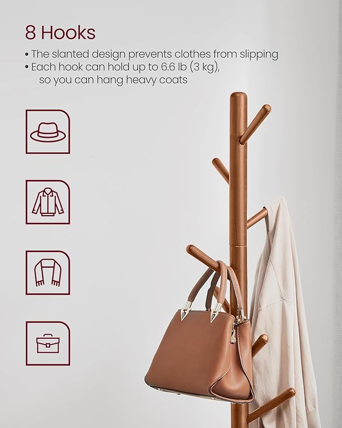 VASAGLE Solid Wood Coat Rack, Free Standing Tree-Shaped Coat Rack with 8 Hooks, 3 Height Options, for Clothes, Hats, Bags, Living Room, Bedroom, Home Office, Caramel Brown URCR01WN
