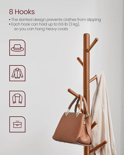 VASAGLE Solid Wood Coat Rack, Free Standing Tree-Shaped Coat Rack with 8 Hooks, 3 Height Options, for Clothes, Hats, Bags, Living Room, Bedroom, Home Office, Caramel Brown URCR01WN