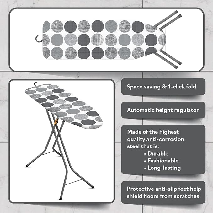 Bartnelli Pulse Ironing Board | Made in Europe | Patent Space Saving Smart Hanger Iron Board for Easy Storage | Lightweight, 4 Layer Cover, 4 Legs, for Dorm, Laundry Room, or Small Spaces(43x13-35)